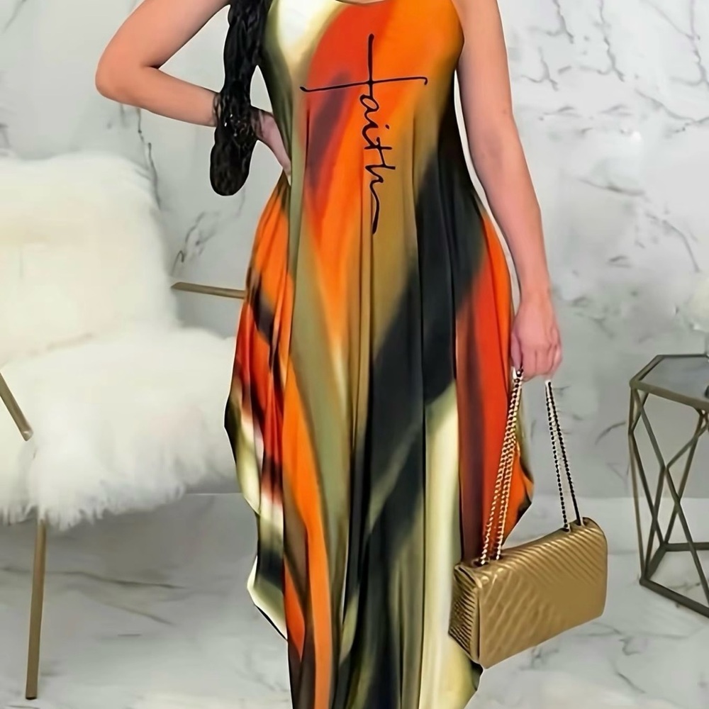 Vibrant Orange and Black Sleeveless Asymmetrical Sundress